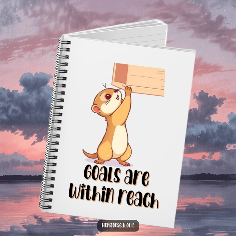 Funny mongoose notebook, stretching determinedly for a high shelf, inspiring goal-setting and ambitious note-taking.