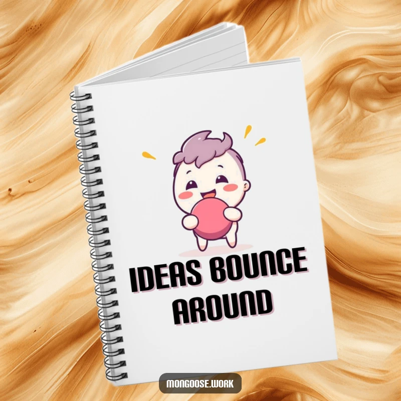Funny Notebook: Character energetically bouncing a stress ball on the cover, inspiring creative thoughts.