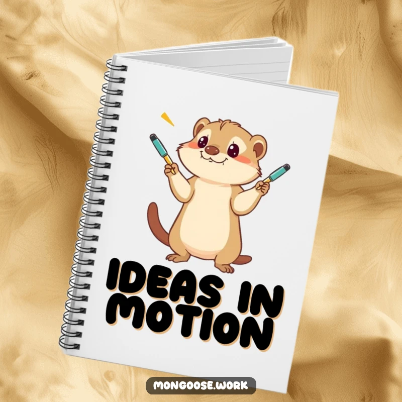 Funny Mongoose Notebook, illustrated with a determined mongoose playfully juggling several pens, ideal for capturing creative thoughts.