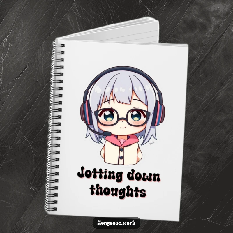Funny Notebook: Cover shows a character comically wearing headset and glasses askew, inspiring creative notes.