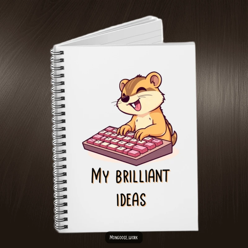 Funny notebook with cover art of a cute mongoose character excitedly typing on an oversized keyboard, for writing and notes.
