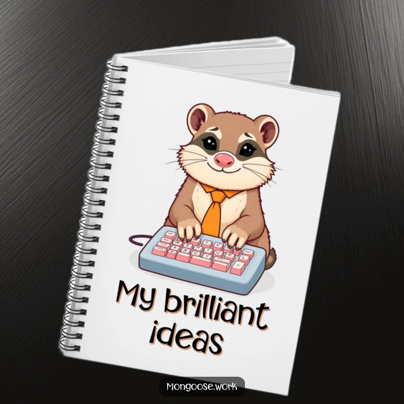 Funny notebook with a dapper mongoose in a tie comically typing on a tiny keyboard with multiple paws, great for work notes.
