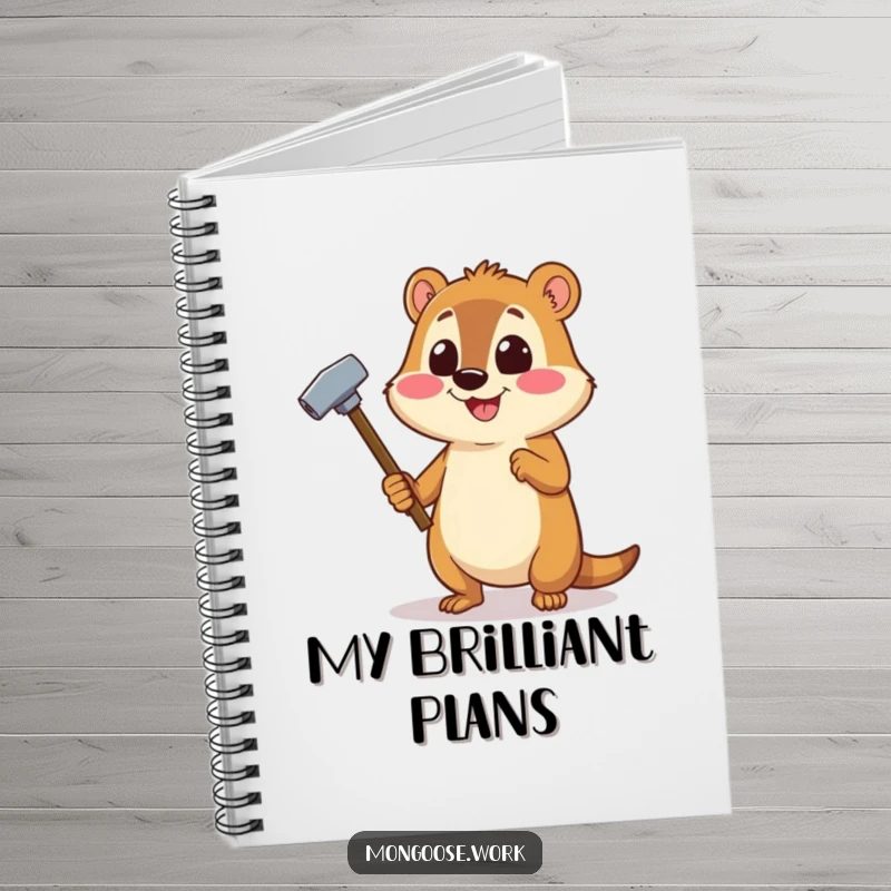 Funny Mongoose DIY notebook cover with a cheerful mongoose using a stapler as a hammer, ideal for project notes.