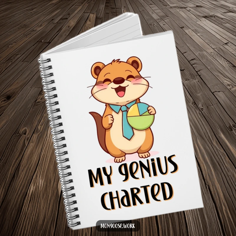 Funny Mongoose notebook, wearing tie, presenting pie chart, cute stationery, business planner, perfect funny gift.