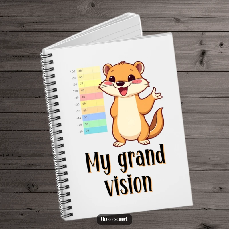 Funny mongoose enthusiastically pointing to a bright, colorful chart on a notebook cover, inspiring clear plans and enthusiastic innovation.
