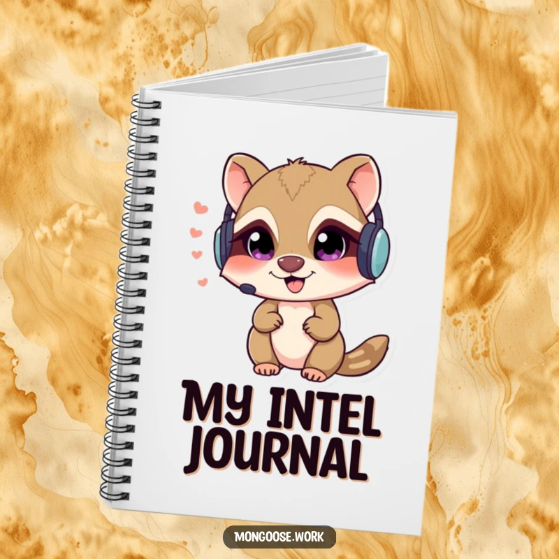 Funny Mongoose spy notebook cover with a mischievous character in a headset, whispering secrets, perfect for note-taking.