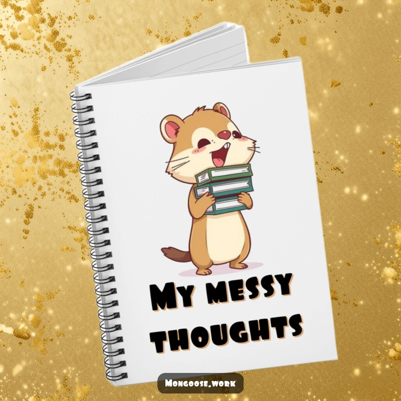 Funny Mongoose busy notebook cover with a mongoose precariously balancing a stack of files, ideal for task management.