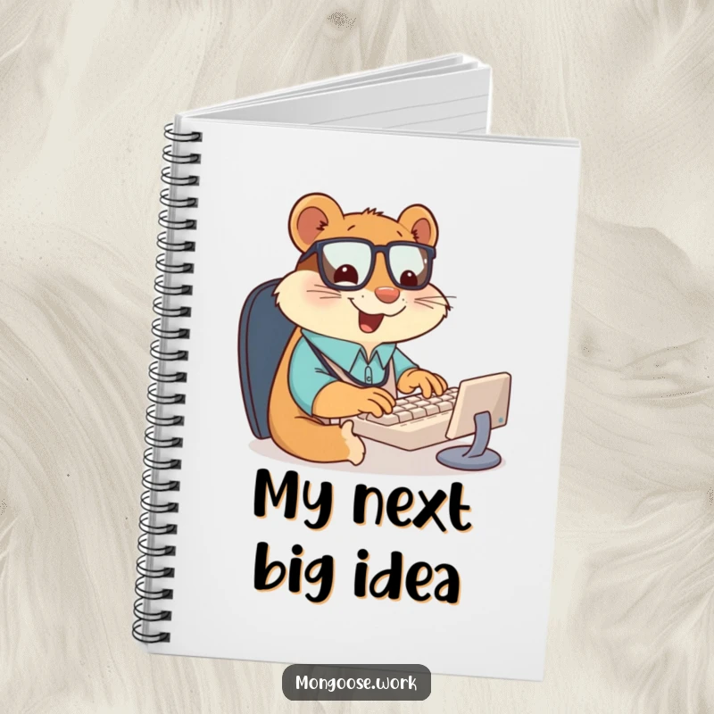 Funny notebook cover showing a giddy mongoose office worker typing with intense speed and a joyful expression on a tiny keyboard, inspiring productivity.