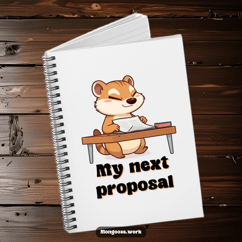 Funny mongoose sliding a document across a desk with a determined wink on a notebook cover, inspiring smooth plans and clever ideas.