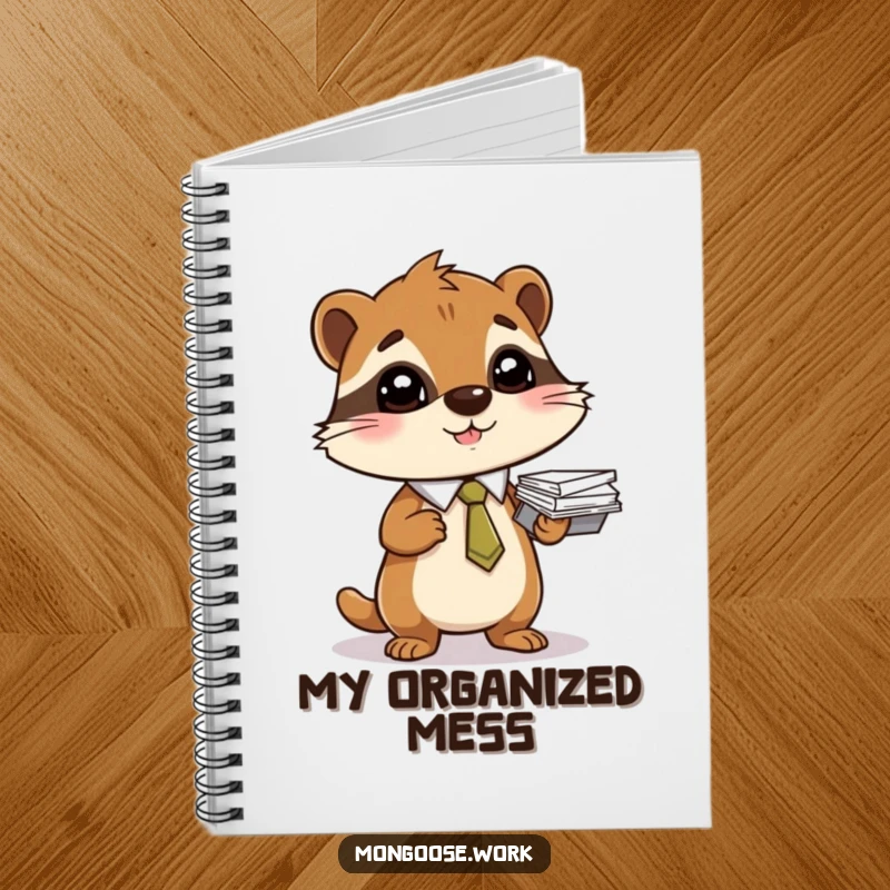 Funny notebook with a mongoose in a tie balancing a stack of papers, perfect for professional notes.