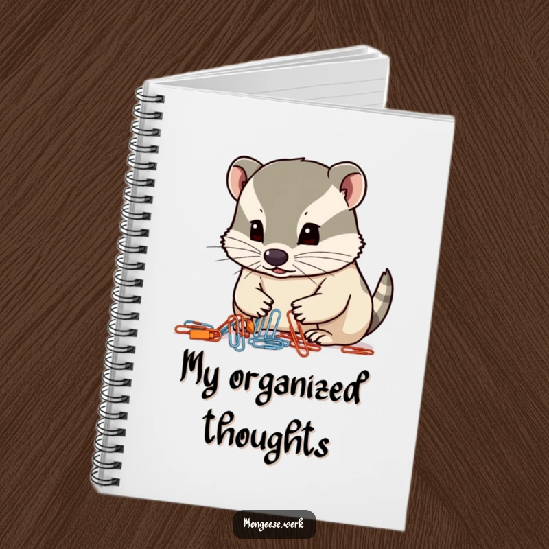 Funny mongoose notebook, a focused mongoose organizing paperclips with its nose, office organization, note-taking.