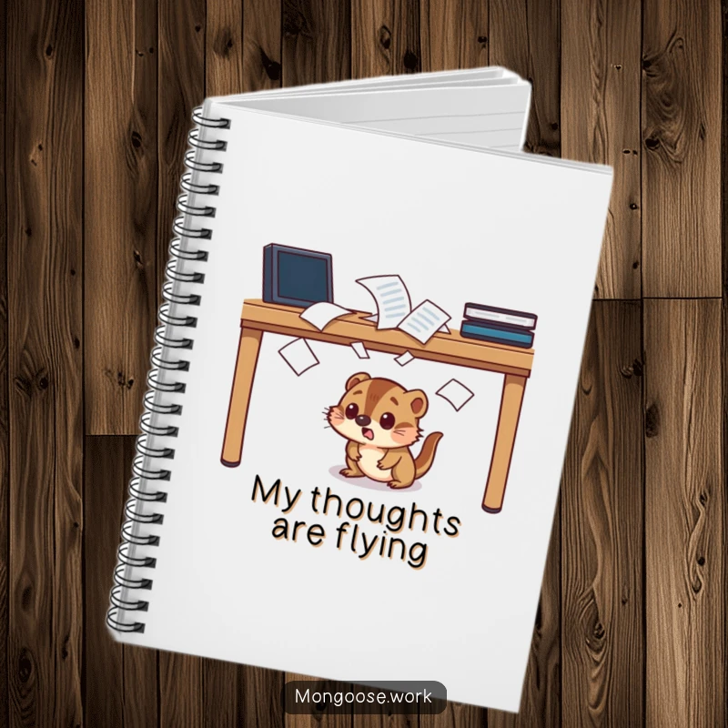Funny startled mongoose notebook, character ducking under a desk, papers flying, journaling humor.