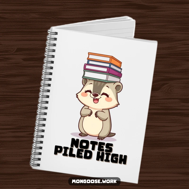 Funny Kawaii mongoose notebook cover, featuring a giggling mongoose balancing a stack of files on its head, ideal for organized notes.
