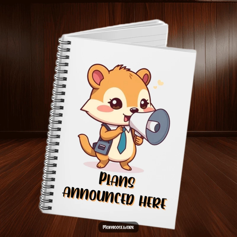 Funny Mongoose Notebook, a focused office worker using a rolled-up document as a megaphone, encouraging impactful note-taking.