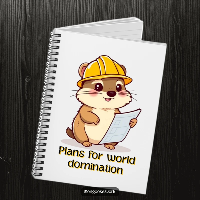 Funny mongoose notebook, wearing a hard hat and looking at blueprints, inspiring detailed planning and smart note-taking.