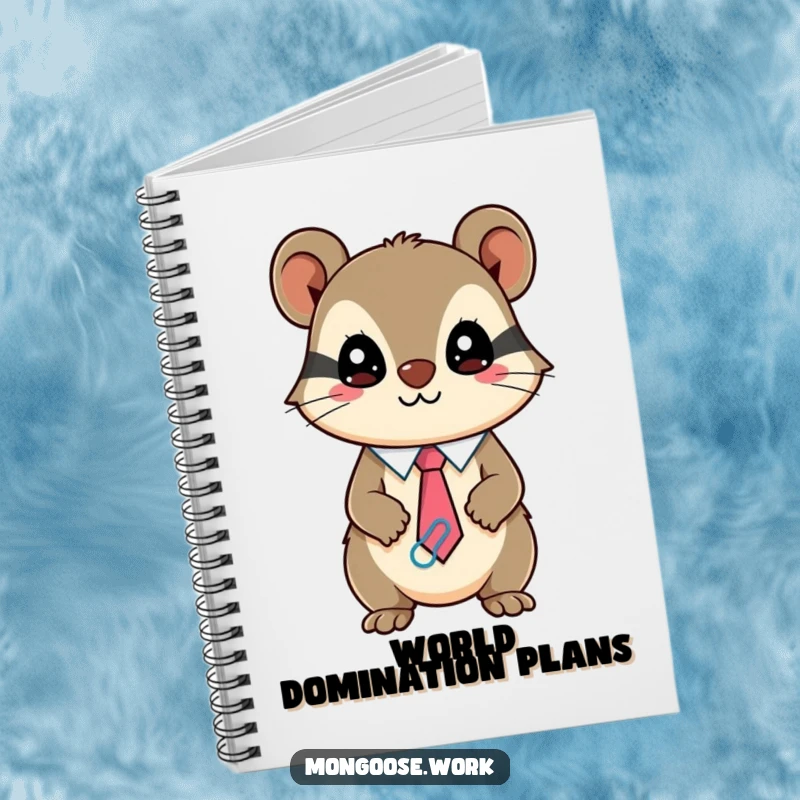 Funny Kawaii mongoose notebook, a mischievous character wearing a tie made of paperclips, for notes and journaling.