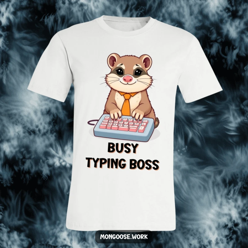 Funny t-shirt showing a dapper mongoose in a tie comically typing on a tiny keyboard with many paws, perfect for office workers.