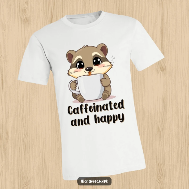 Funny Mongoose t-shirt, sipping coffee happily, cute animal, coffee lover apparel, excellent funny gift.