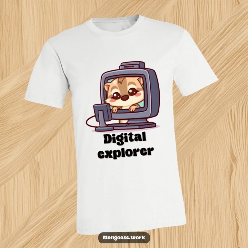 Funny Mongoose t-shirt featuring a mongoose with wide eyes staring intently at a computer screen, highlighting digital curiosity.