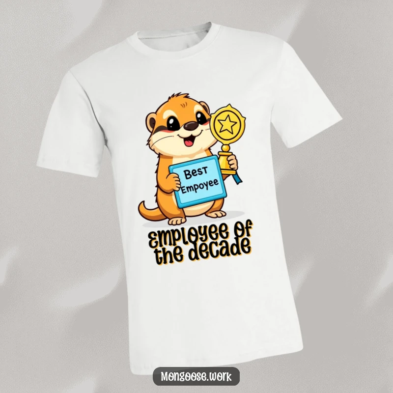 Funny Mongoose T-Shirt, featuring a triumphant mongoose proudly holding up a gleaming 'Best Employee' award, perfect for office praise.