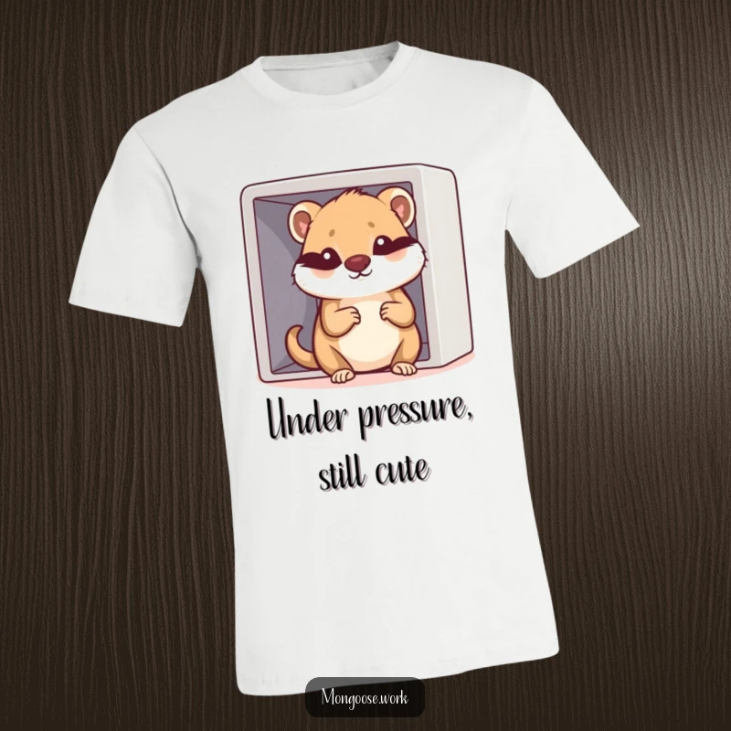 Funny Kawaii mongoose character trying to fit into a cramped cubicle, depicted on a t-shirt, symbolizing relatable office challenges.