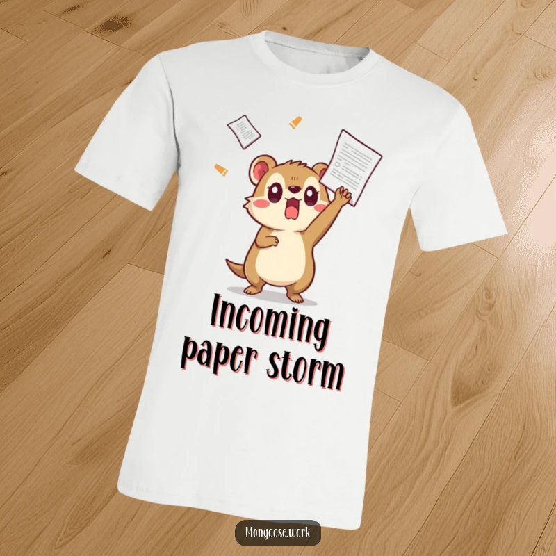 Funny Kawaii mongoose T-shirt, depicting a surprised mongoose comically dodging a flying document, a humorous take on office life.