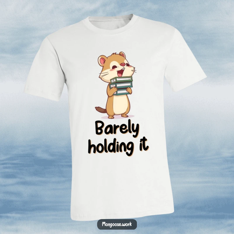 Funny Mongoose t-shirt featuring a busy mongoose struggling to balance a teetering stack of files, representing workload chaos.