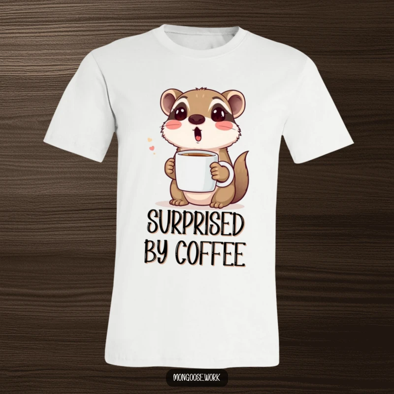 Funny t-shirt with a cute mongoose making a shocked face while holding a coffee mug, illustrating pure morning surprise and caffeine dependence.