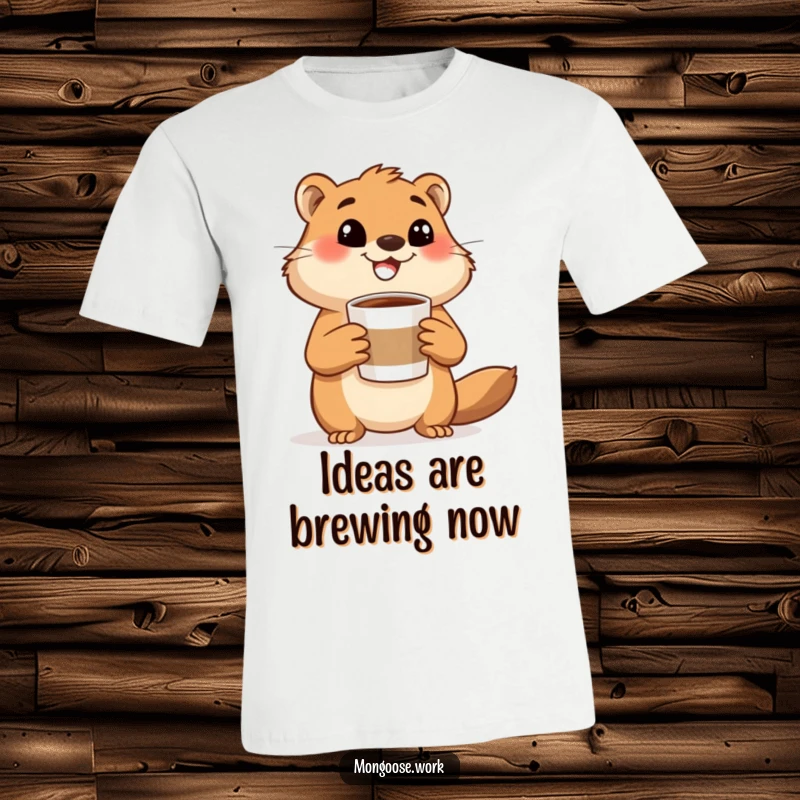 Funny mongoose t-shirt, a happy mongoose holding a coffee cup and gesturing excitedly, celebrating enthusiasm and coffee culture.