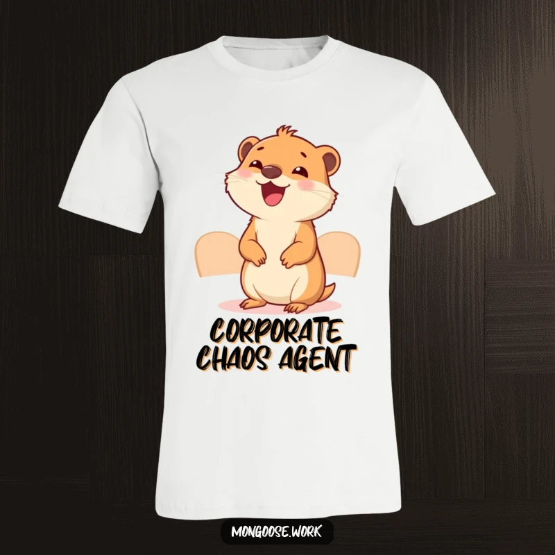 Funny Mongoose Meeting T-Shirt: A cute mongoose sits at a tiny table, attending a business meeting with exaggerated joy and focus.