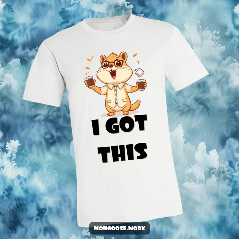 Funny t-shirt featuring a cheerful mongoose office worker expertly juggling several coffee cups with a confident and happy expression.