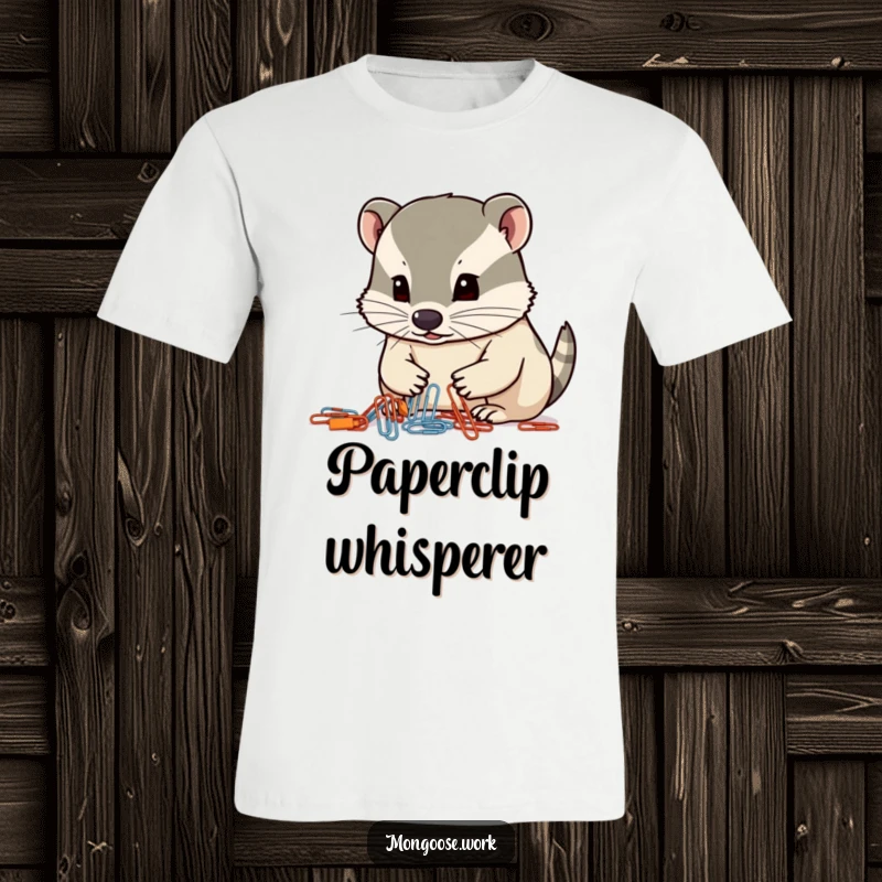 Funny mongoose t-shirt, a focused mongoose meticulously organizing paperclips with its nose, office precision humor.