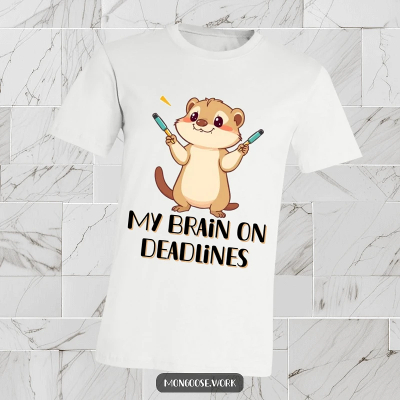 Funny Mongoose T-Shirt, a comical illustration of a mongoose skillfully juggling several pens with a determined, focused expression.