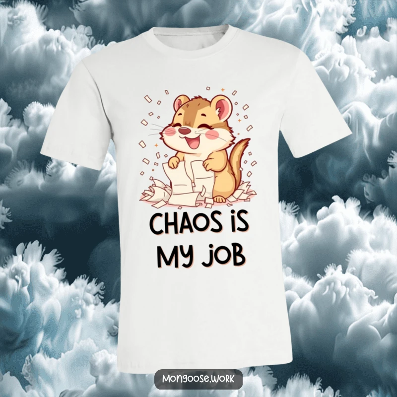 Funny Mongoose Shredding T-Shirt: A mongoose is captured mid-action, enthusiastically tearing apart papers with a look of pure, joyful mischief.