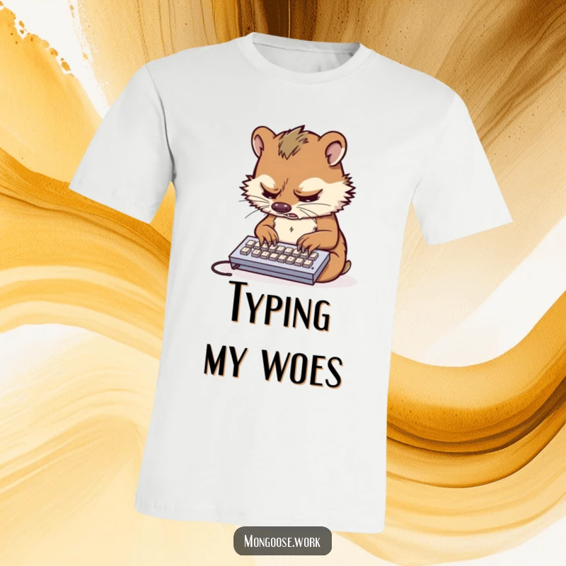 Funny t-shirt featuring a stressed mongoose typing furiously on a tiny keyboard, capturing office absurdity.