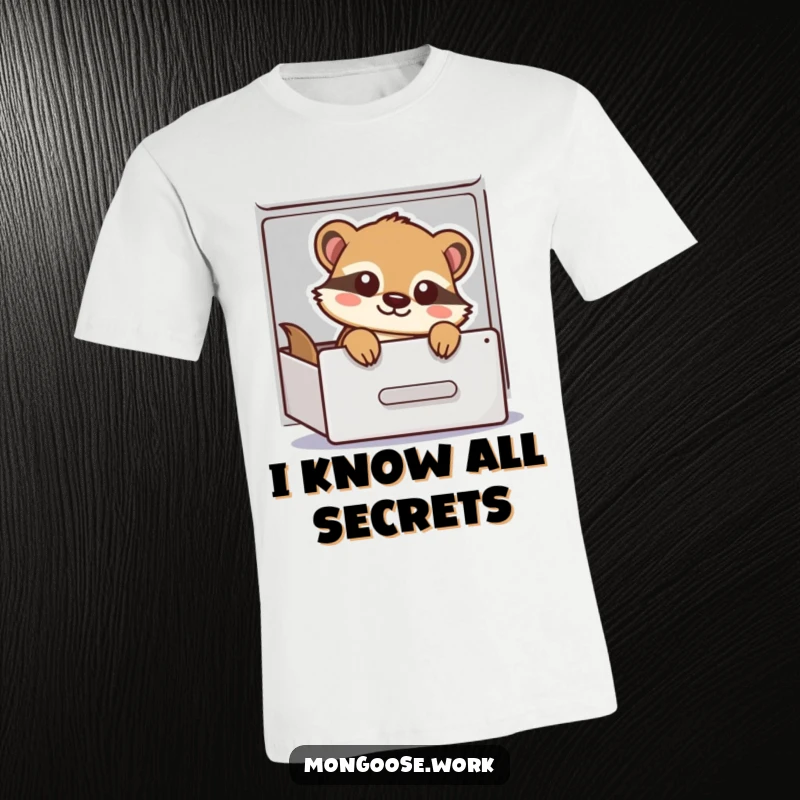 Funny T-Shirt depicting a playful cartoon mongoose peeking out of a filing cabinet drawer, embodying office mischief and humor.