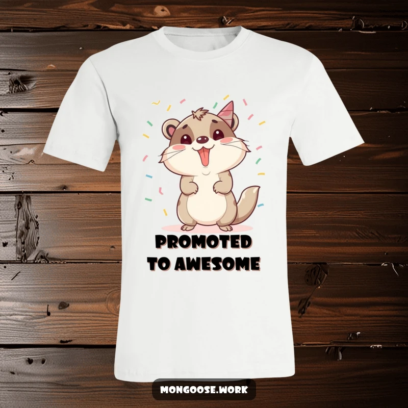 Funny Mongoose T-Shirt: A mongoose joyfully celebrating a promotion with confetti showering down, embodying achievement and humor, a great funny gift.