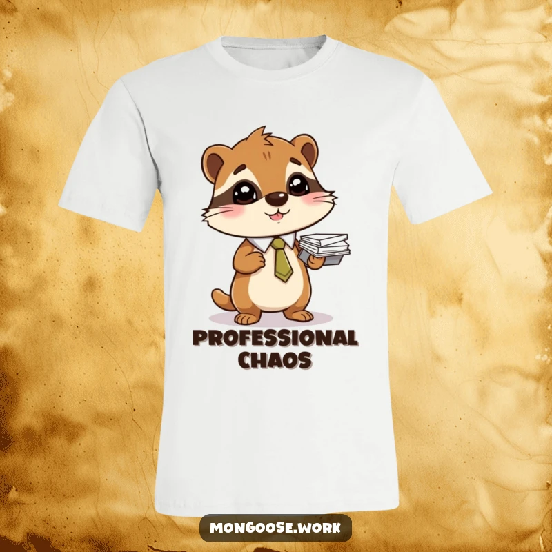 Funny t-shirt showing a mongoose wearing a tie, balancing a precarious stack of papers. Professional humor.