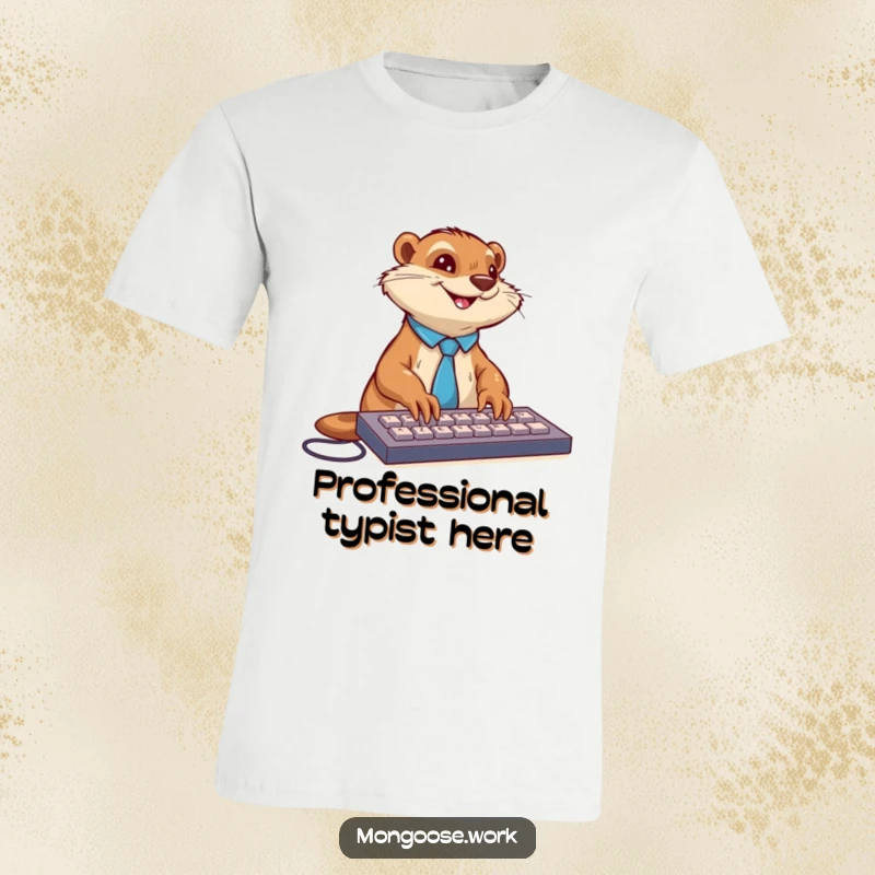 Funny mongoose in a tie enthusiastically typing on a keyboard with a smile, on a humorous t-shirt for tech lovers.