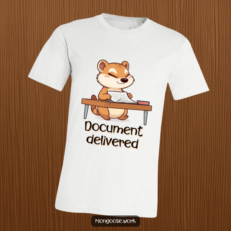 Funny mongoose sliding a document across a desk with a determined wink on a t-shirt, representing smooth office operations and cleverness.