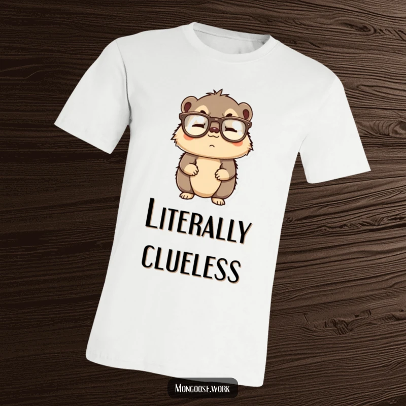 Funny t-shirt showcasing a bewildered mongoose character sporting reading glasses worn upside down, perfect for casual wear.