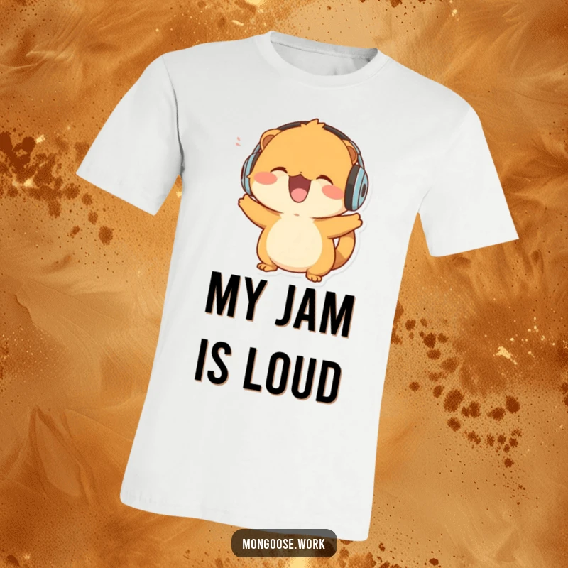Funny Mongoose T-Shirt: A delighted mongoose with headphones, enthusiastically headbanging to the beat, full of energy.