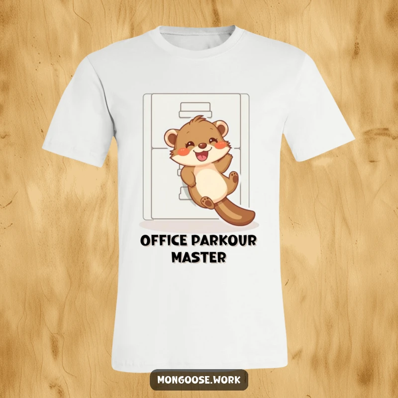 Funny mongoose t-shirt, a happy mongoose sliding down a filing cabinet with a wide grin, office fun, hilarious gift.