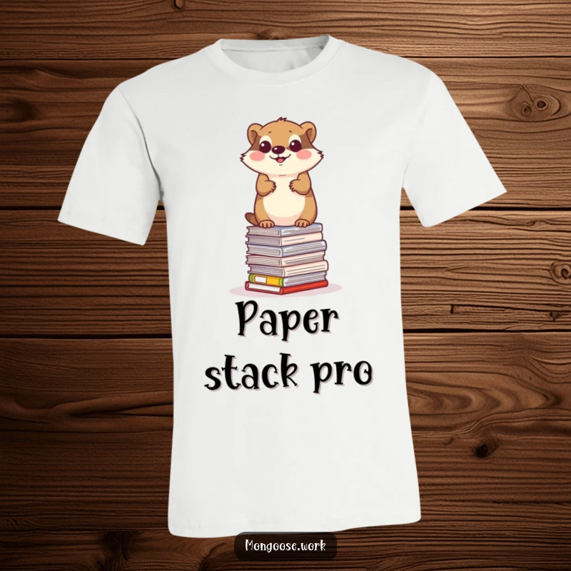 Funny mongoose t-shirt, a determined mongoose balancing on a stack of office papers, office pressure humor.