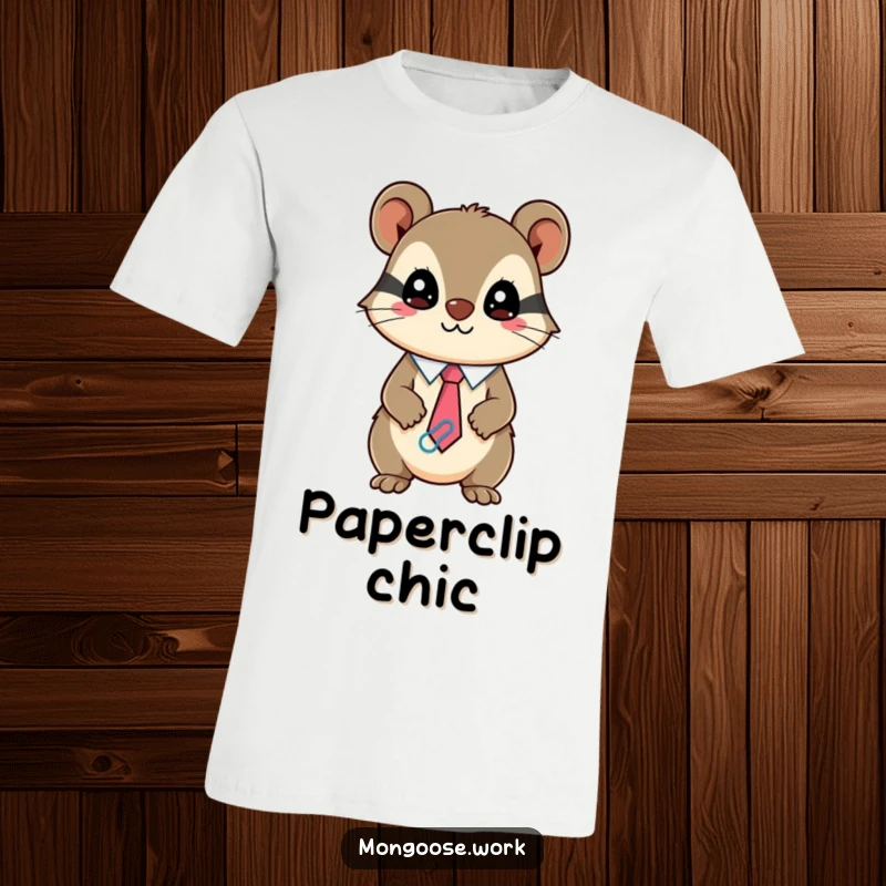 Funny Kawaii mongoose t-shirt showing a mischievous character sporting a tie constructed entirely of paperclips, unique apparel.