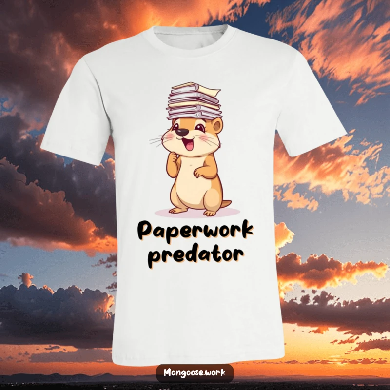 Funny Mongoose T-Shirt: An excited mongoose battling a mountain of paperwork, its eyes wide with determination and slight panic.