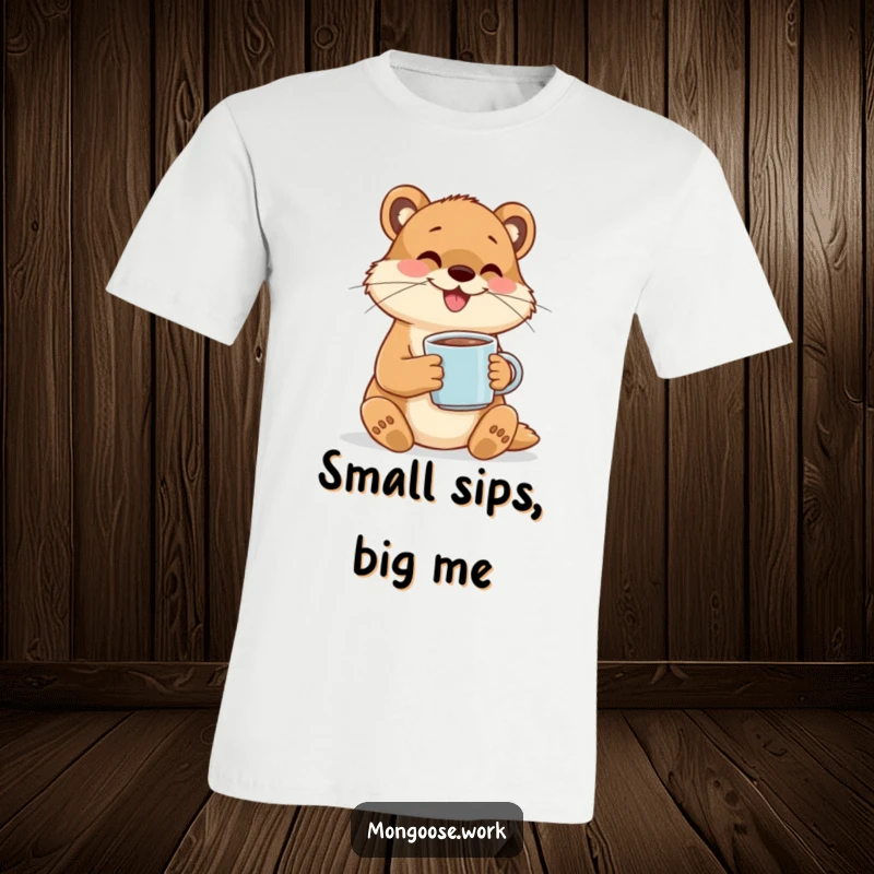 Funny T-shirt depicting a happy mongoose character delightedly sipping coffee from a miniature mug.