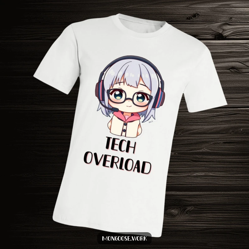 Funny T-Shirt: Character comically wearing a headset and glasses askew, highlighting tech mishaps and laughs.
