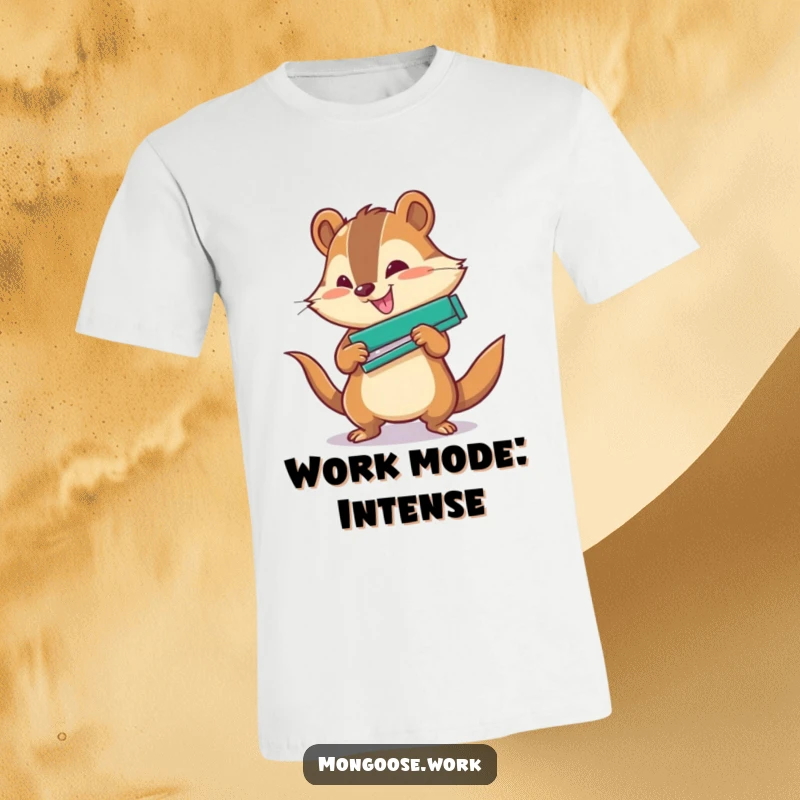 Funny Office T-Shirt: A cheerful mongoose character intensely using a stapler with immense force, symbolizing productivity.