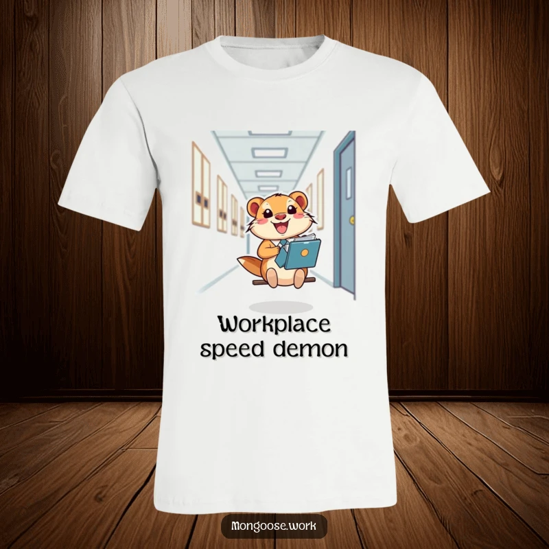 Funny Mongoose T-Shirt, a happy office worker joyfully sliding down a hallway on a file folder, showcasing pure delight.